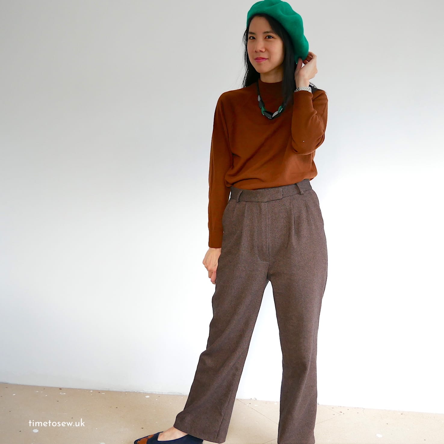 Just Patterns Tatjana in wool by Time to Sew - brown wool trousers accessorised with a green beret