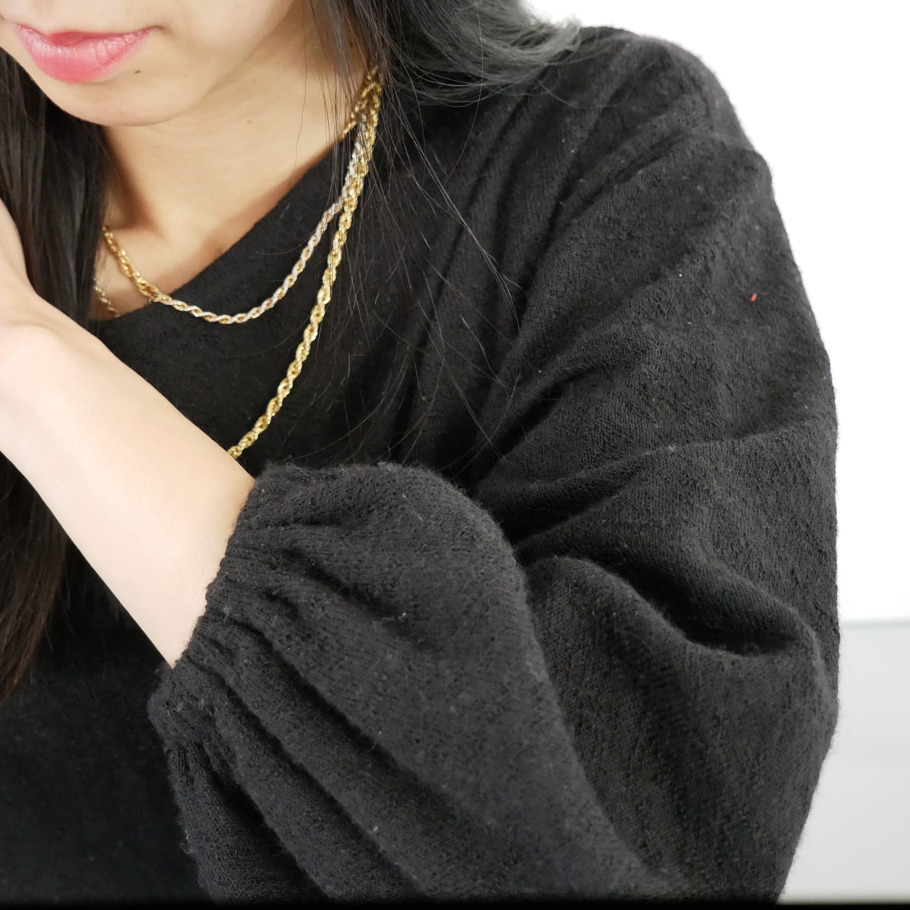 Close up of the Just Patterns Tyra Sweater in black