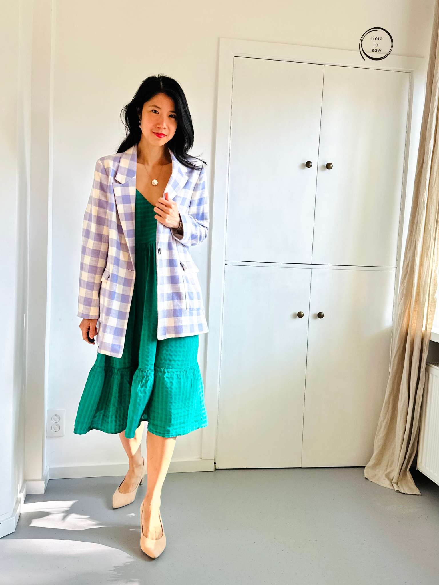 Purple check jacket RTW and a green dress Time to Sew